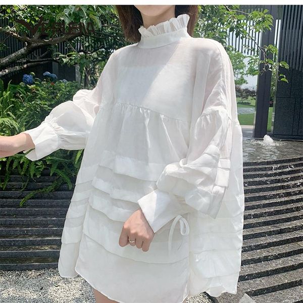 

casual dresses verlena korean fashion white loose summer dress long volume sleeve stand ruff collar puff layer mini for women 2021, Black;gray