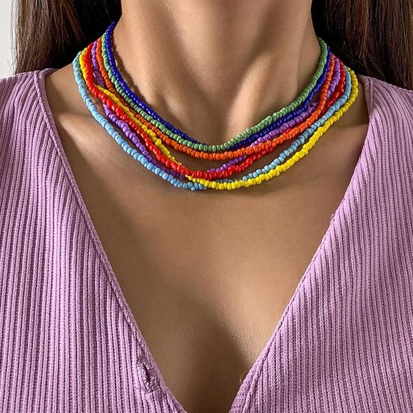 

chains ingesight.z 7pcs/set rainbow colorful beads chain choker necklaces bohemian candy color short collar for women jewelry, Silver