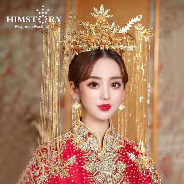 

hair clips & barrettes himstory retro vintage chinese wedding flowers queen crown brides gold jewelry accessories tassel headdress for, Golden;silver