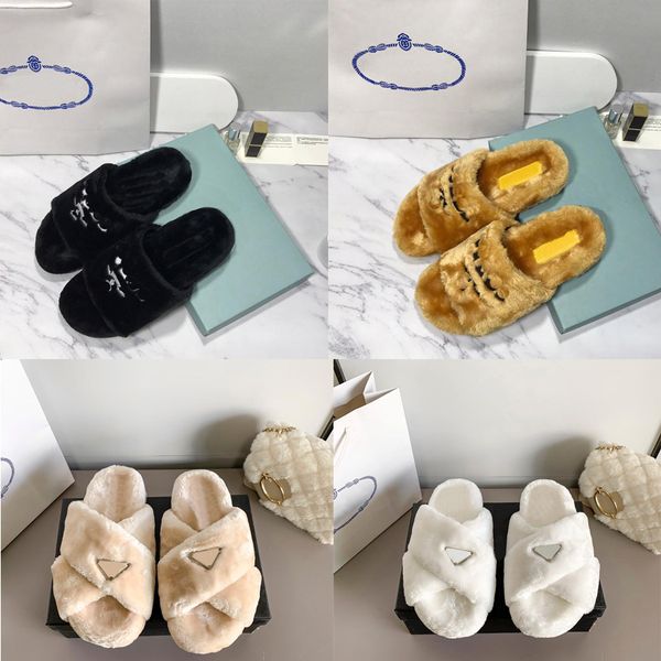 

2022 designer women slippers luxury wool slides soft warm fur slippers brand enameled triangle crossover fashion black white ladies sandals