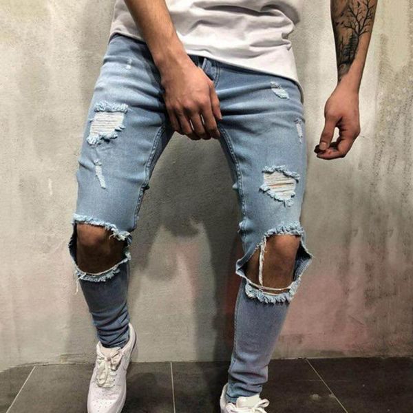 

men's jeans pocket solid color discolored hole men pants for autumn, Blue