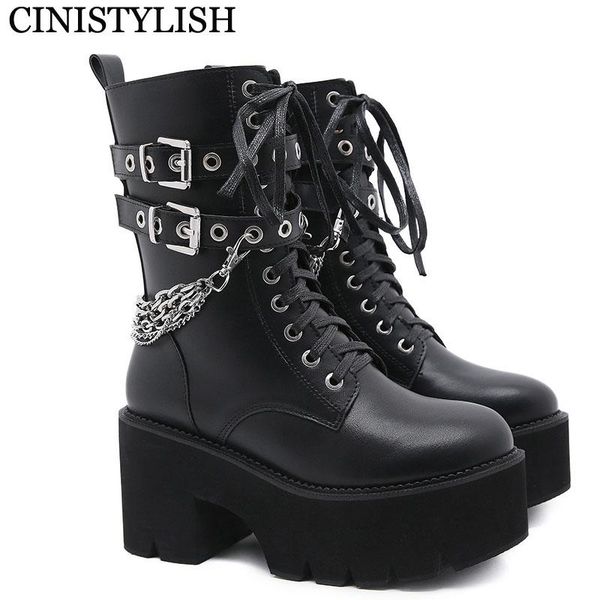 

boots 2021 high heel female shoes on platform lace-up black rivets chain short demonia gothic ankle for women