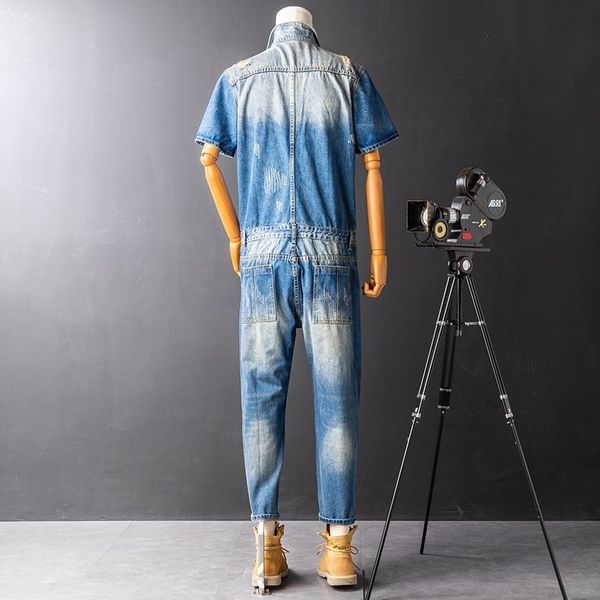 

men's jeans loading overalls of the men in vintage short sleeve will see a piece torn-out jeans washed hole denim man-hip-hop fine fit, Blue