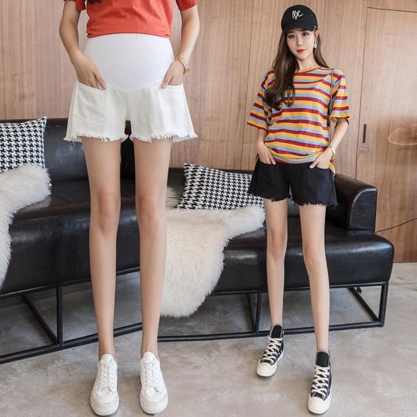 

maternity bottoms 2021 jeans shorts summer cropped denim pants belly support abdomen elastic waist trousers, White