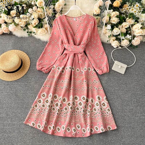 

casual dresses yuoomuoo ins fashion flower print midi dress 2021 autumn elegant bandage women slim high waist vacation ladies, Black;gray