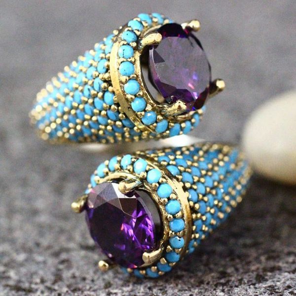 

cluster rings vintage gold color turquoises beaded opening ring for women girls punk gothic party retro purple zircon jewelry gift g4m853, Golden;silver