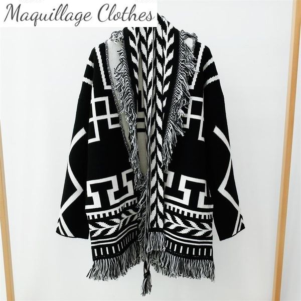 

women's knits & tees autumn winter tassels cashmere knitted coat jacquard geometric pattern cardigns c611, White