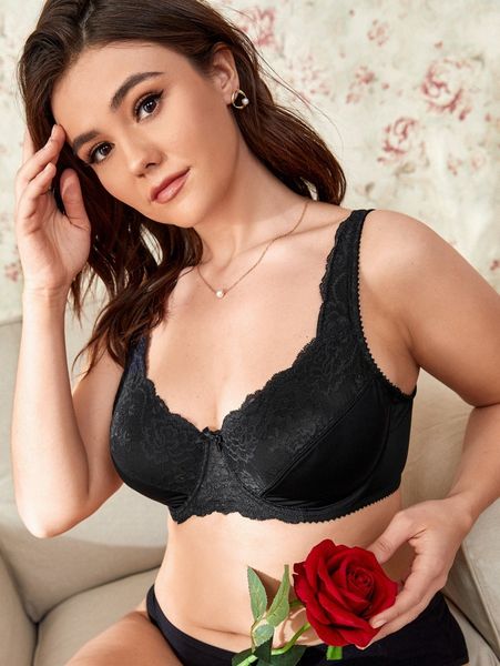 

plus contrast lace underwire bra i9bl#, Black;white