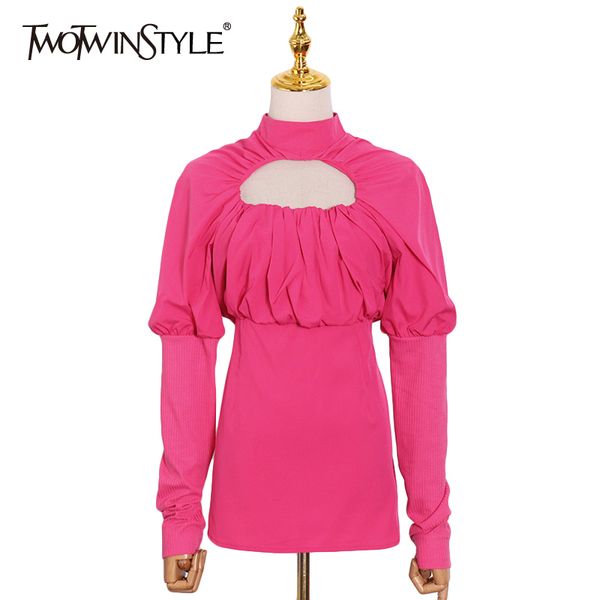 

hollow out slim t shirt for women stand collar puff long sleeve print hit color t shirts female fashion new 210428, White