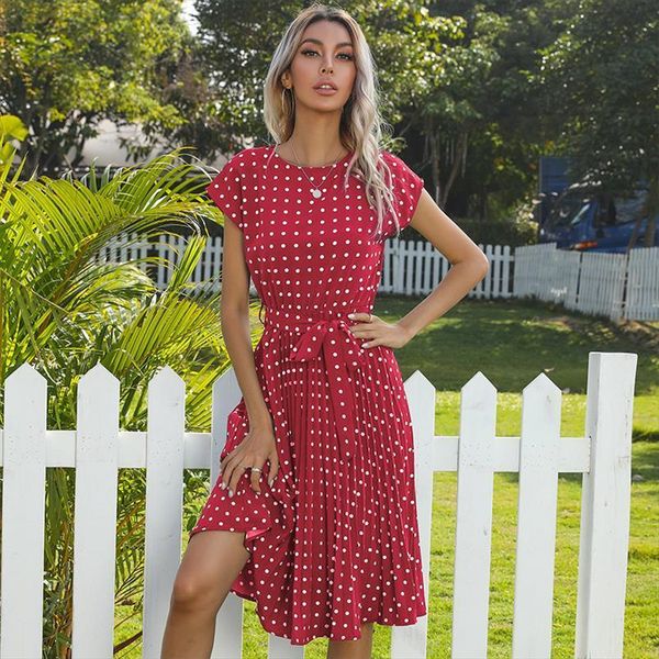 

summer beach fashion print women dress polka dot casual pleated midi for vacation elegant ladies sundress, Black;gray