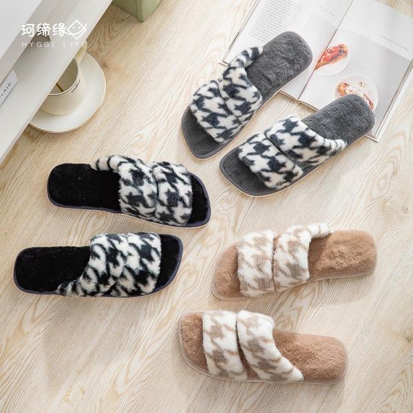 

slippers four seasons open ladies plush mute home indoor soft-soled non-slip, Black