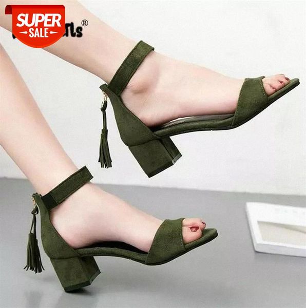 

dijigirls 2018 summer shoes woman sandals medium heels shoes ankle wrap women peep toe pumps fringe sandalias mujer #b30t, Black