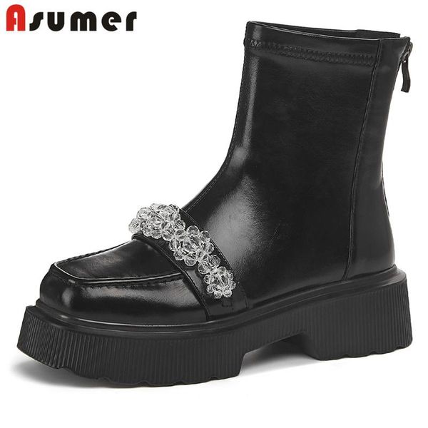 

boots asumer 2022 genuine leather women zipper autumn thick bottom ankle fashion ladies for party, Black