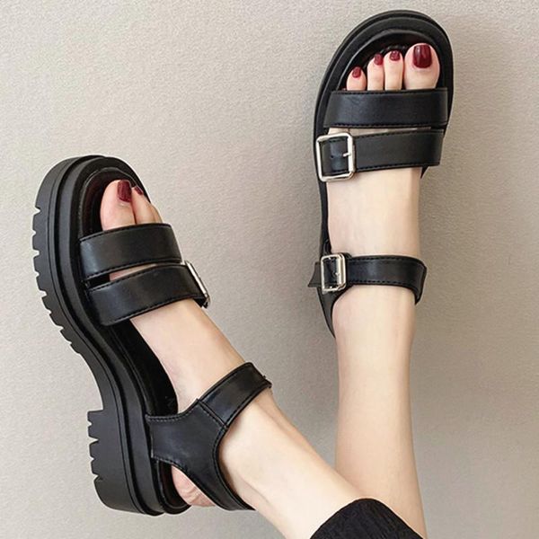 

sandals 2021 platform open toe block heel ladies shoes fashion summer ankle strap buckle high heels thick bottom hollow women, Black