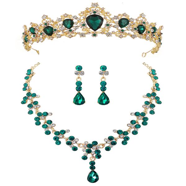 

jewelry set bridal green crown necklace earrings three piece wedding dress accessories, Slivery;golden