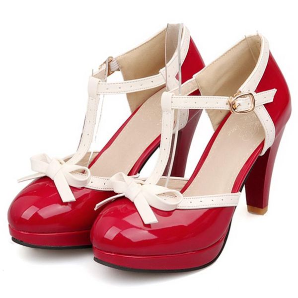

fashionable drop shoes woman t-strap mixed color elegant ladies spike heels bow platform retro spring pumps dress, Black