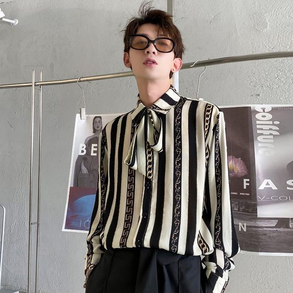 

men's casual shirts elegant gentlemen party mens european luxury clothing club streetwear blouse striped trendy gothic clothes, White;black
