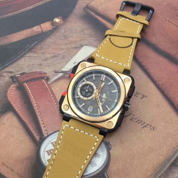 

high grade vintage skeleton chronograph quartz sport mens watch bronze heritage aviation camouflage brown leather mens watches wristwatches, Slivery;brown