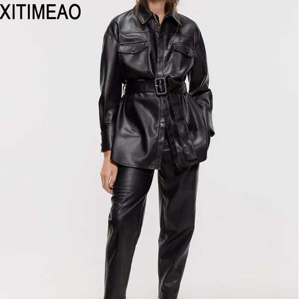 

za women fashion pu faux leather with belt jacket coat vintage long sleeve side vents female outerwear chic 210604, Black