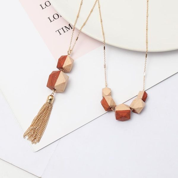 

pendant necklaces brown wood ball contrast seamed wooden cubic long tassel sweater geometric accessories jewelry, Silver