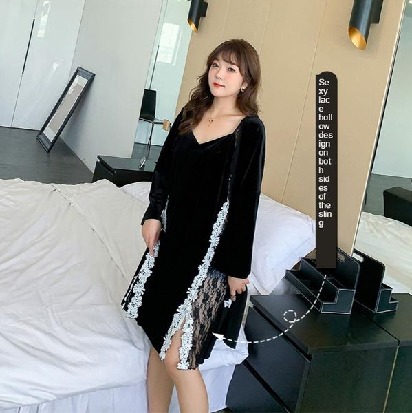 

large size women's clothing autumn plump girls korean style splicing home wear crocheted hollow lace pajamas two-piece set two piece pa, White