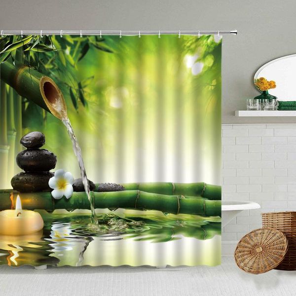 

shower curtains zen curtain green bamboo stone flowing water buddha bathroom decoration waterproof polyester hanging screen with hook set