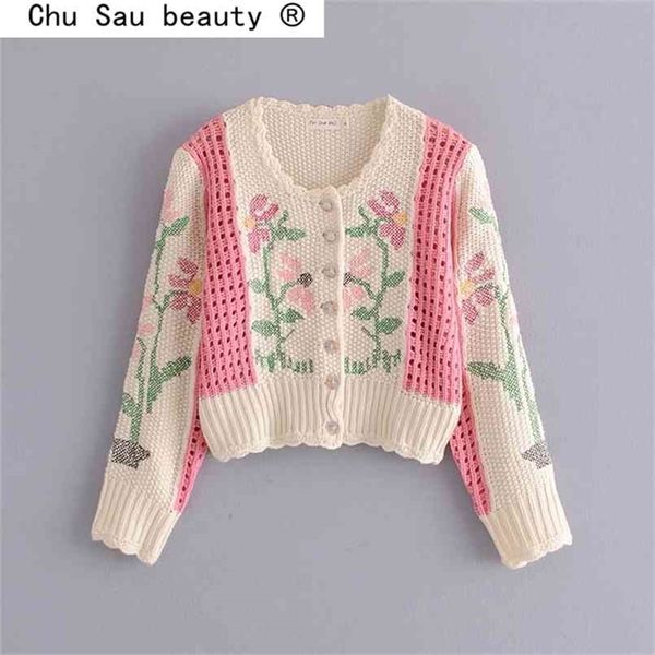 

fashion autumn casual chic floral embroidery knitted cardigan knit jacket hollow out single-breasted sweaters 210812, White