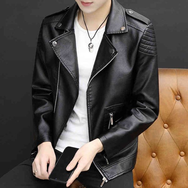 

men's soft leather et, motorcycle clothing, fashion lapel, handsome, slim, korean version, spring and autumn, t, Black