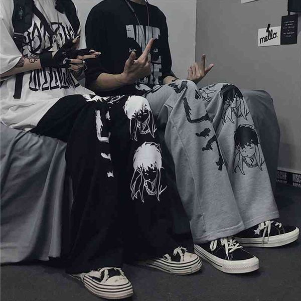 

harajuku anime characters fashion japanese pattern hip hop wide leg pants women men casual streetwear elastic waist jogger pants, Black;white