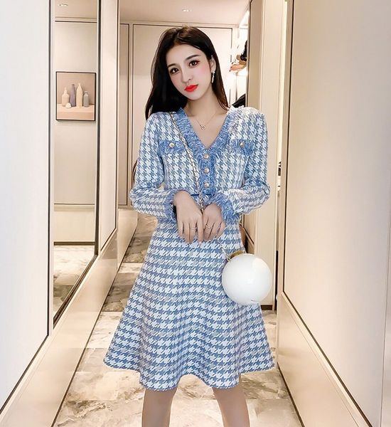 

korea autumn winter v-neck elegant houndstooth knitting dress high waist tassel trim ladies fashion chic dress 210514, Black;gray