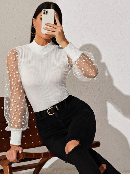 

mock neck polka dot sheer mesh lantern sleeve m1re#, White