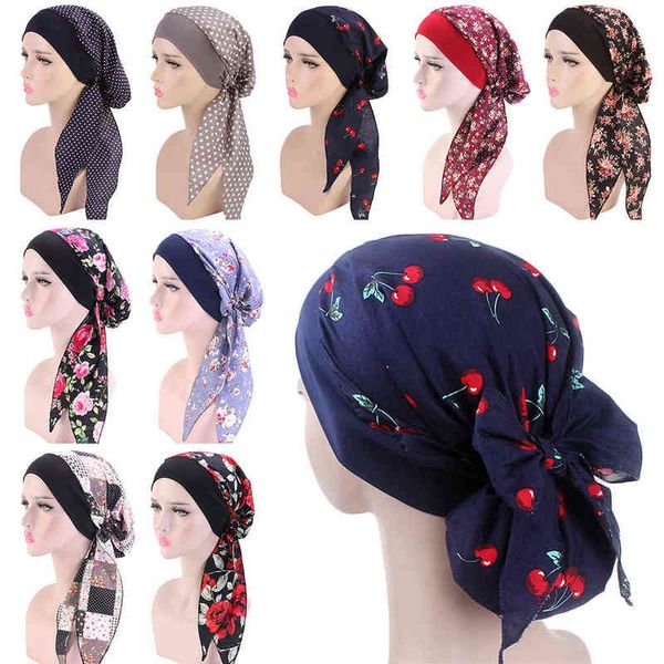 Женщины напечатаны эластичный мусульманский тюрбан Hijab рак головы шарф химически выпадение волос шляпа предварительно завязанные головные уборы Bandana Y1229