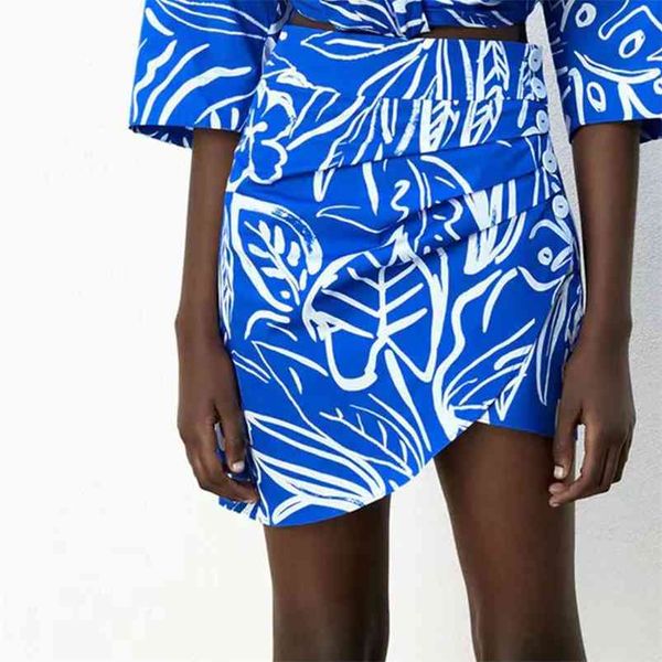 

women summer sweet asymmetrical skirts za side buttons print pleated female elegant slim mini skirt clothing 210513, Black;gray