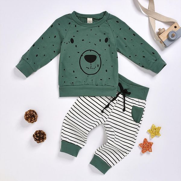 

40 toddler baby boys girl hoodie long sleeved bear shirt sweater cartoon pants outfits set clothing childrens, White