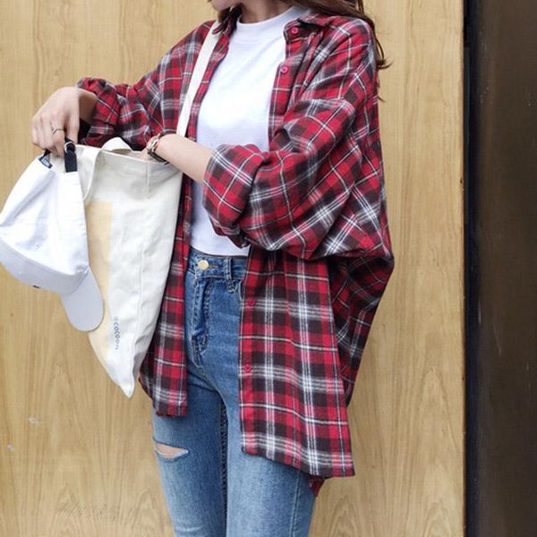 

women's blouses & shirts blouse woman casual clothes plus size plaid vintage long sleeve shirt korean fashion loose female clothing, White