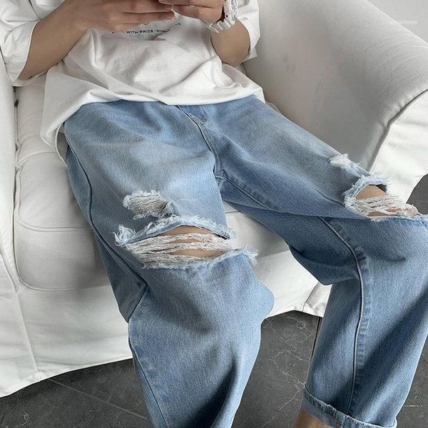 

men's jeans men's 2022 mens streetwear ripped destroyed stretch korean hip hop pants with holes men fashion kpop caro male1, Blue