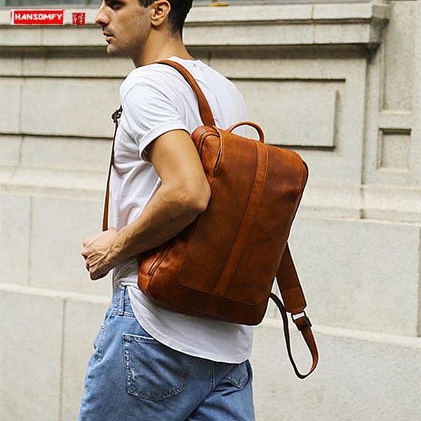 

backpack genuine leather for men travel backpacks casual 15.6 inch lapbag retro large capacity school bags