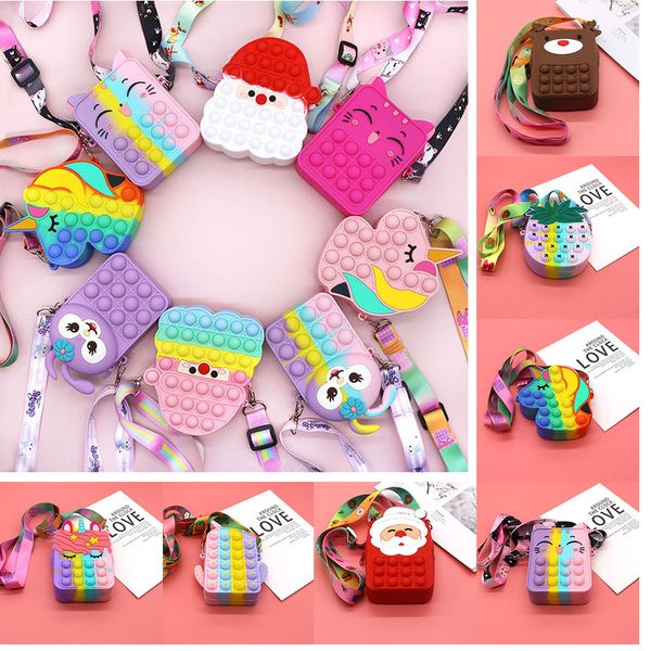 Brinquedos de descompressão Bubble Toy Bag Cute Animal Cartoon Shape Hamburger Portable Finger POP Toy Candy Colors Silicone Shoulder Messenger Fashion