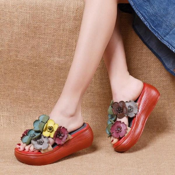 

slippers rushiman genuine leather shoes flower handmade slides 2021 summer women sandals platform wedges, Black