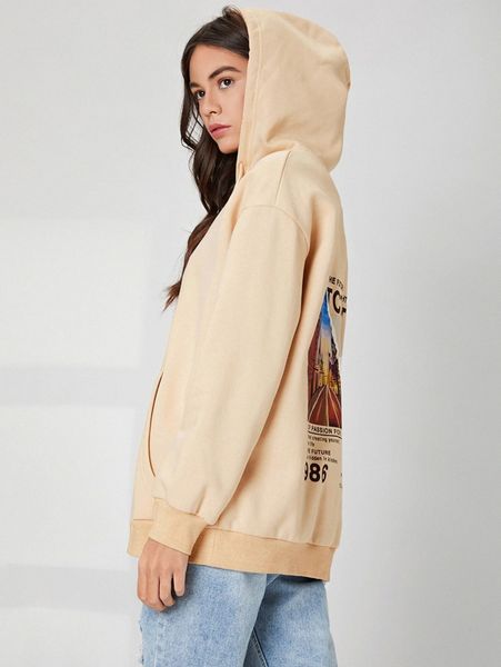 

slogan & graphic print drawstring zip up hoodie e3ei#, White;black