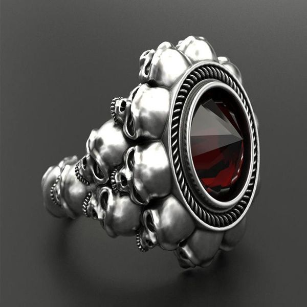 

wedding rings fashion vintage silver color stainless steel skull biker ring male red white rhinestone for women boho jewelry, Slivery;golden