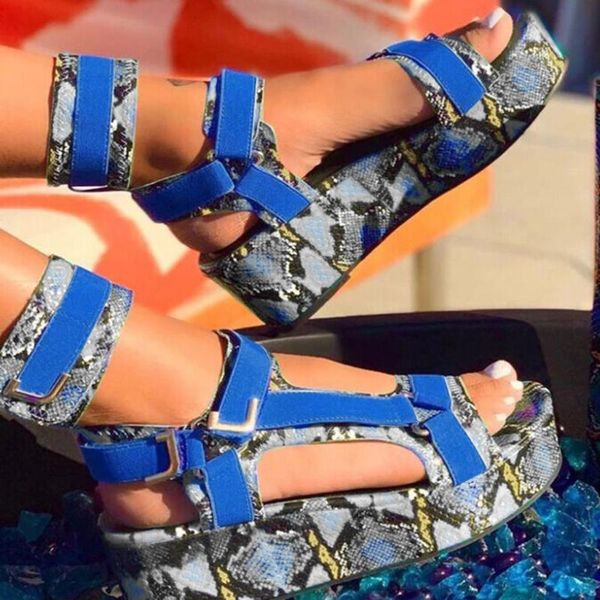 

women platform sandals ladies summer fashion casual open toe ankel strap snakeskin flats beach shoes plus size m140#, Black