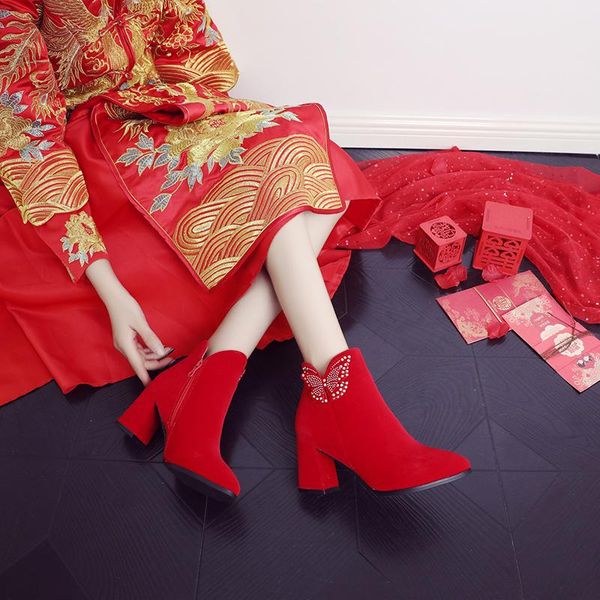 

wedding red boots 2021 thick heel xiuhe short plush children, Black