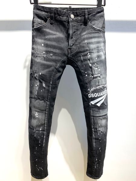 

2021Men's Badge Torn Stretch Black Men's Jeans Fashion Slim Fit Washed Motocycle Denim Pants Paneled Hip Hop Pants, Blue