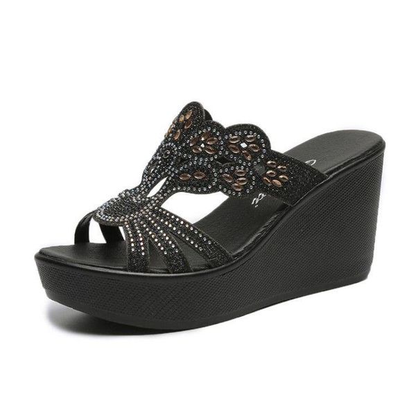 

slippers drop 2021 sandals platform wedges high heels creepers rhinestone women slides flip flops peep toe gothic, Black