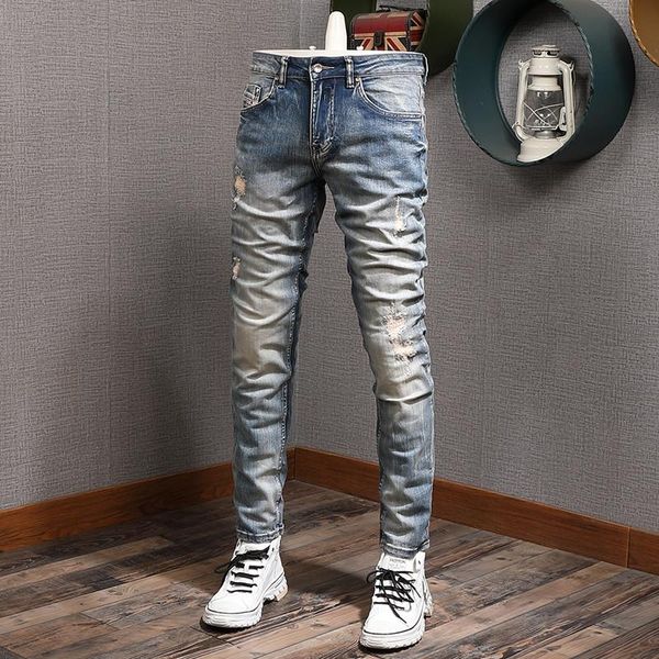 

men's jeans european street fashion men retro blue elastic slim fit ripped destroyed patchwork designer vintage denim pants
