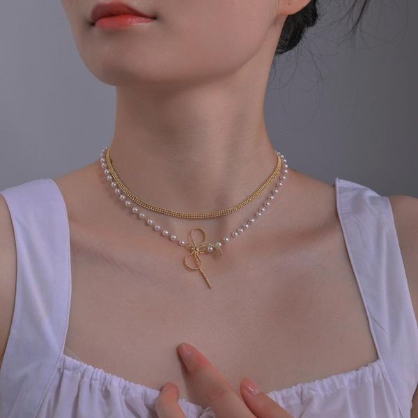 

chains trendy multilayered butterfly pearl necklace for women fashion five-pointed star stainless steel choker necklaces jewelry gift, Silver