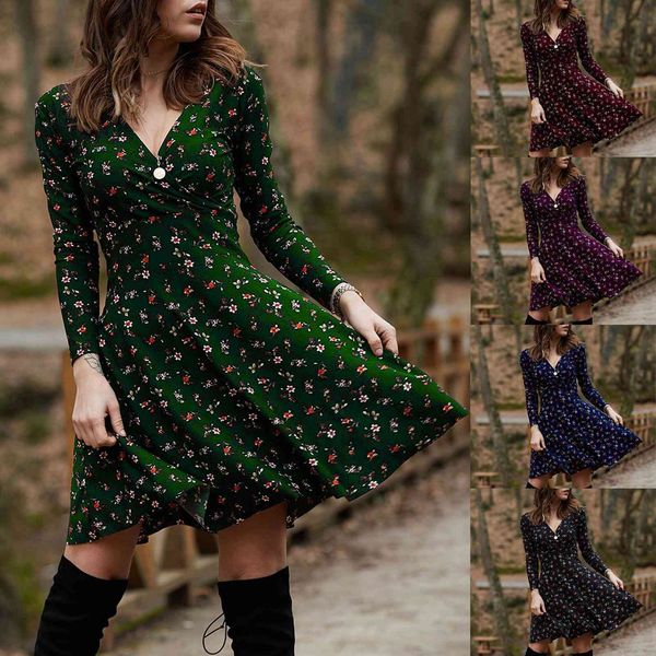 

summer womens dress boho floral print women long sleeve pleated dresses v neck beach mini elegant female roupa feminina, Black;gray