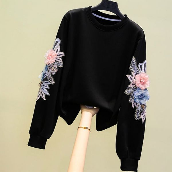 

women's hoodies flower embroidery patchwork shirt autumn long sleeve o-neck loose pulloves gk386 210507, Black