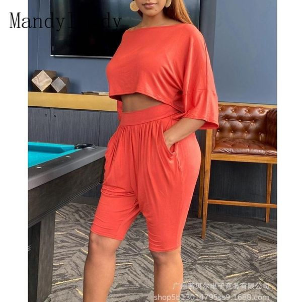 

women's tracksuits mandylandy summer o-neck three quarter sleeve + high waist pleated pocket shorts suit casual solid color loose, Gray